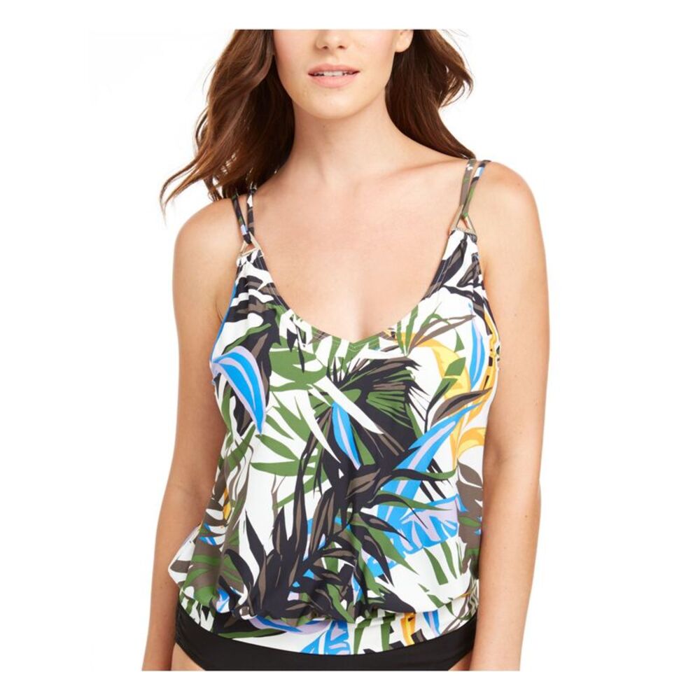 NWT CALVIN KLEIN Women's Green Palm Print Removable Cups Blouson Tankini Top XS